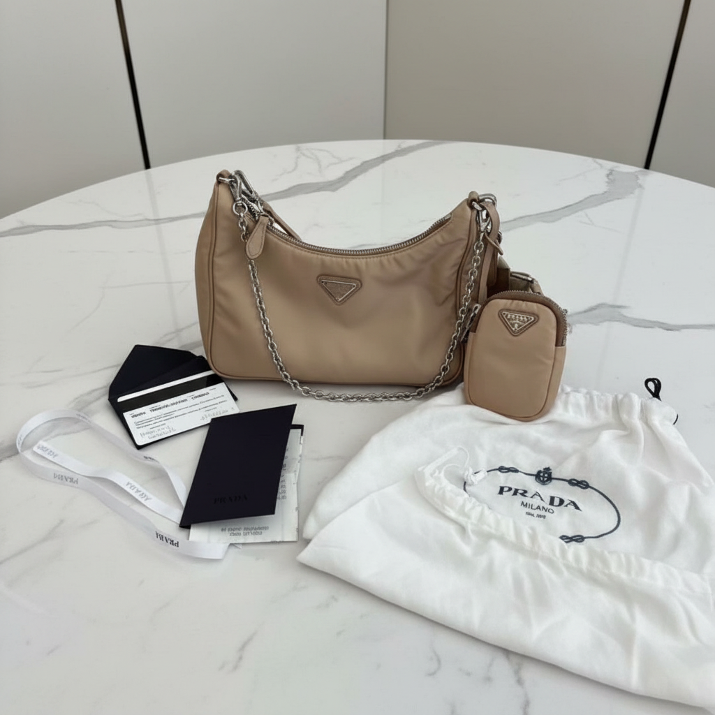 Prada Re-Edition 2005 Nylon Bag – Cammeo Beige (Full Set + Receipt)