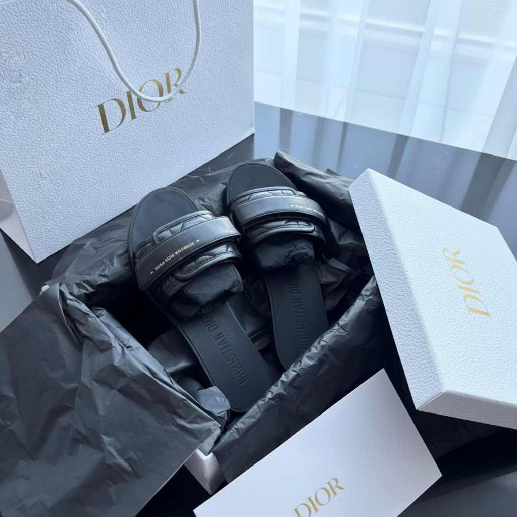 Authentic Christian Dior Diorvolution Slides Black Leather Size 37 Full Set