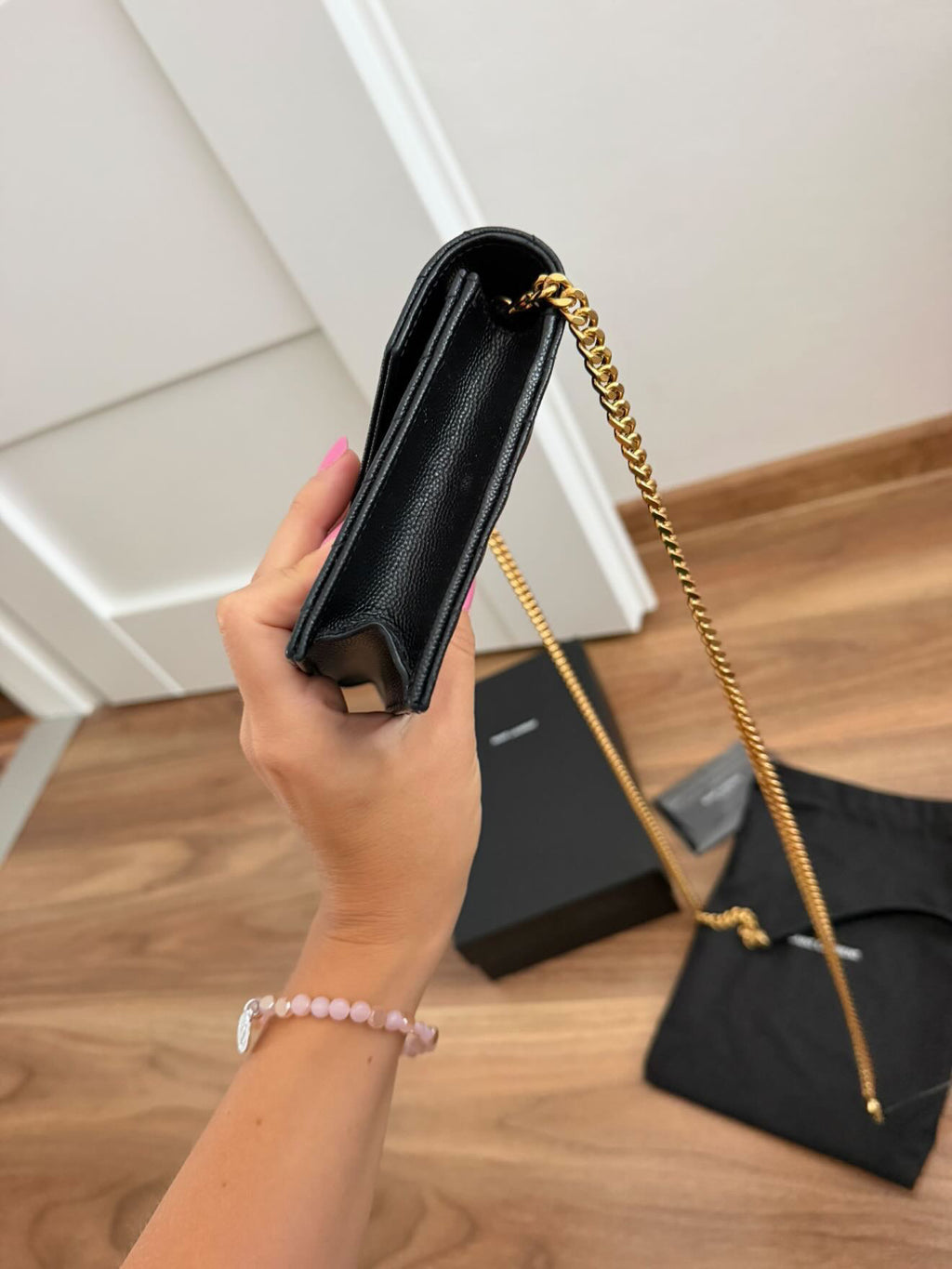 Saint Laurent YSL Monogram Envelope Chain Wallet in Black Grain de Poudre Leather – Gold Hardware