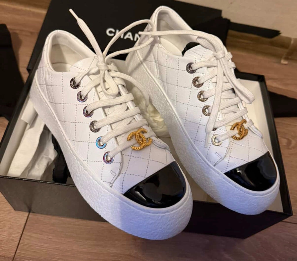 Chanel Quilted Calfskin Sneakers with Gold CC Charms – Size 37.5 (Pristine)