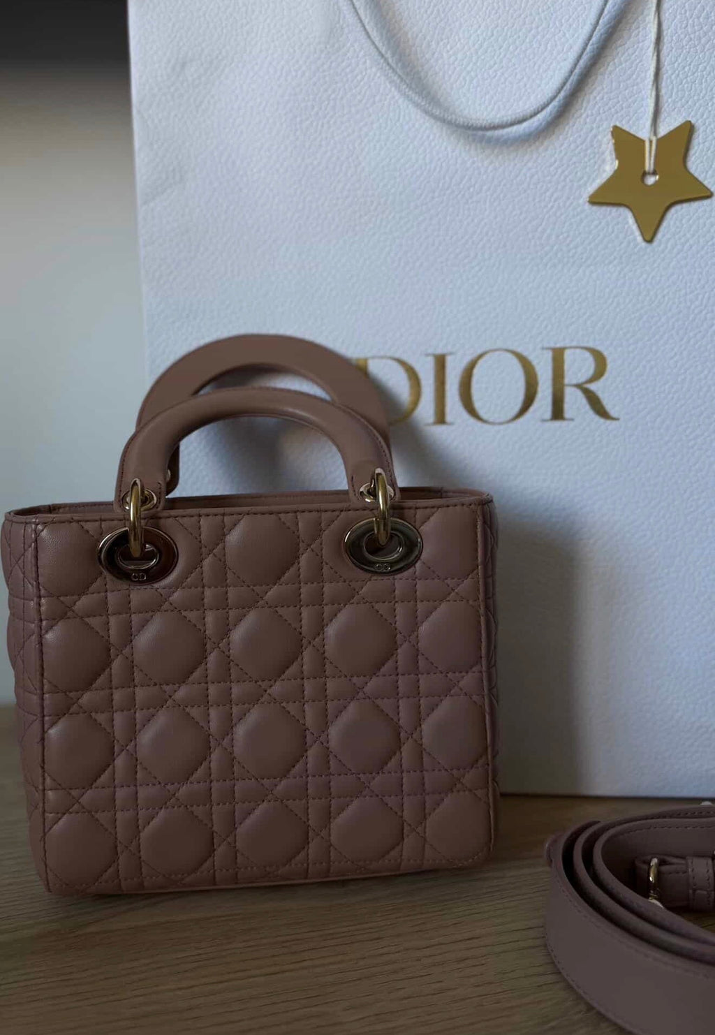 Christian Dior Small Lady Dior Bag – Nude Pink Cannage Lambskin with Strap