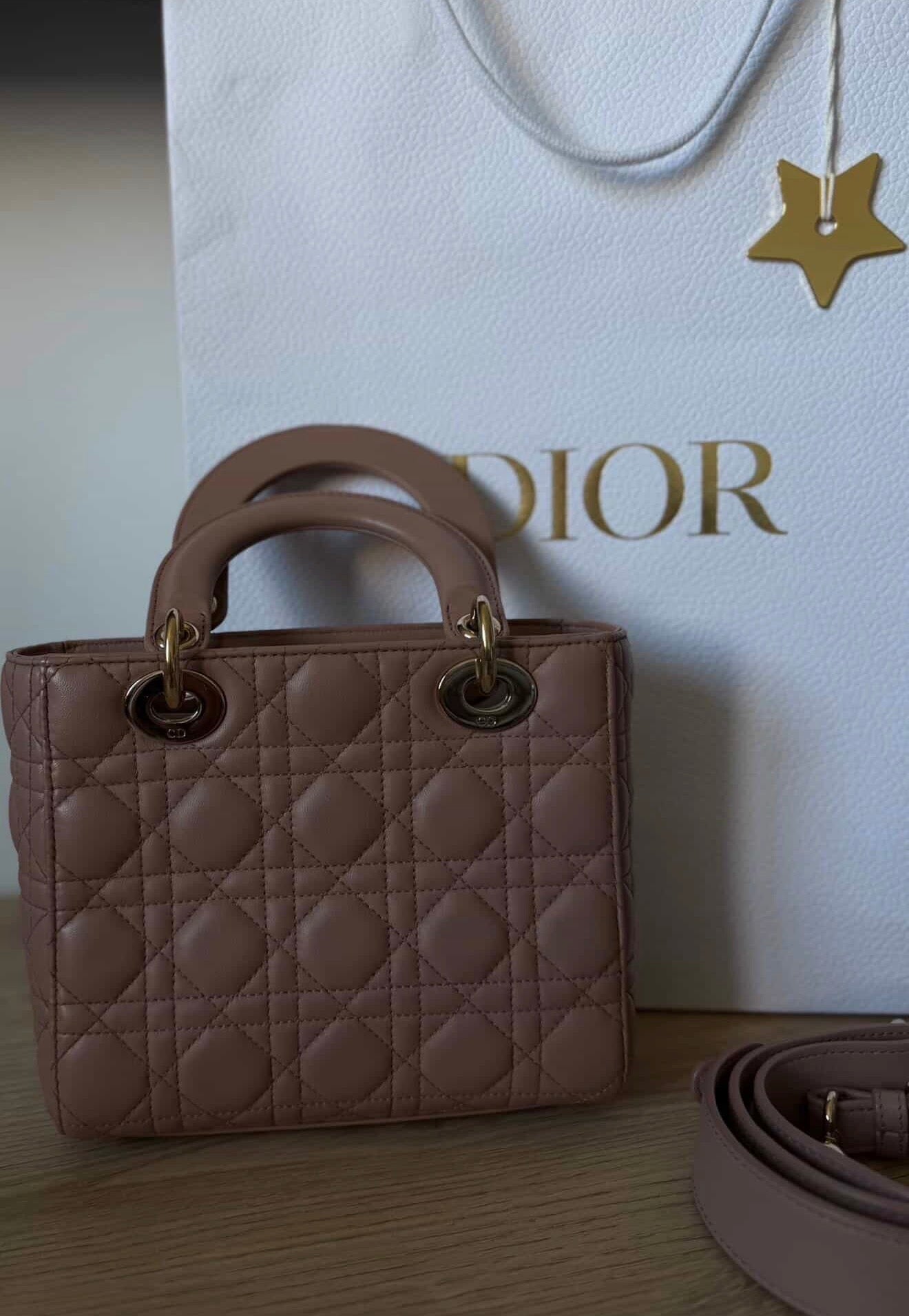 Christian Dior Small Lady Dior Bag – Nude Pink Cannage Lambskin with Strap