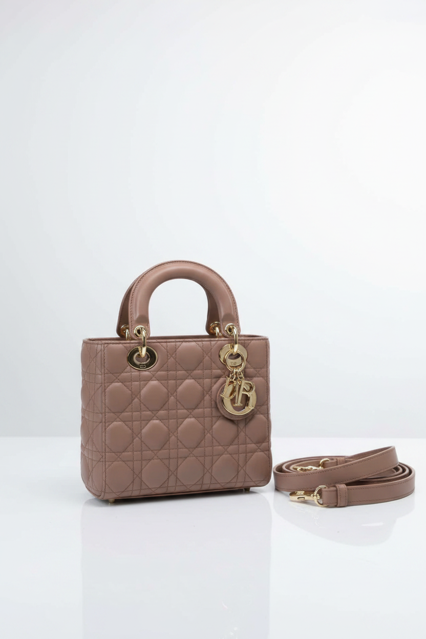 Christian Dior Small Lady Dior Bag – Nude Pink Cannage Lambskin with Strap