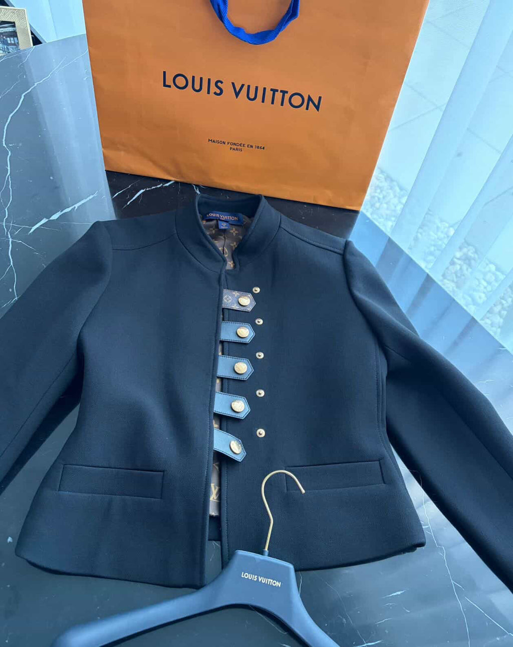 Louis Vuitton Officer Jacket in Black Wool & Silk – Iconic Monogram Lining – Size FR 40 Full Set/ Luxury Brands Malta
