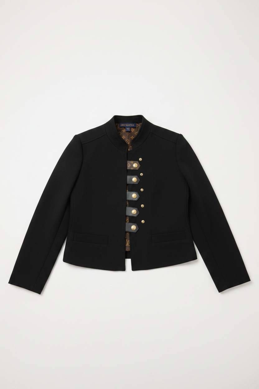Louis Vuitton Officer Jacket in Black Wool & Silk – Iconic Monogram Lining – Size FR 40 Full Set/ Luxury Brands Malta