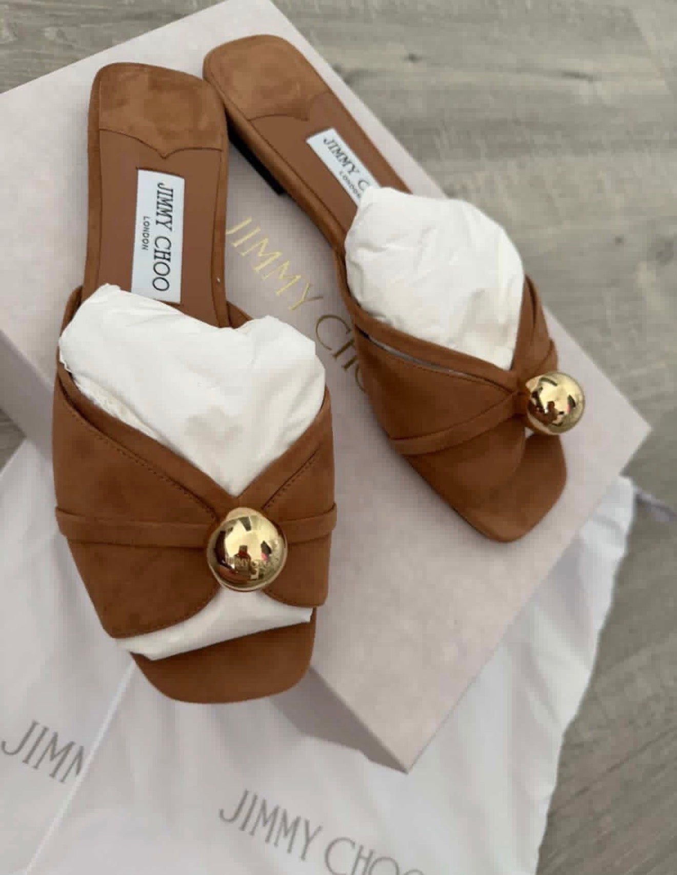 Jimmy Choo Riva Flat Suede Mules – Brand New, Full Set (Toffee)