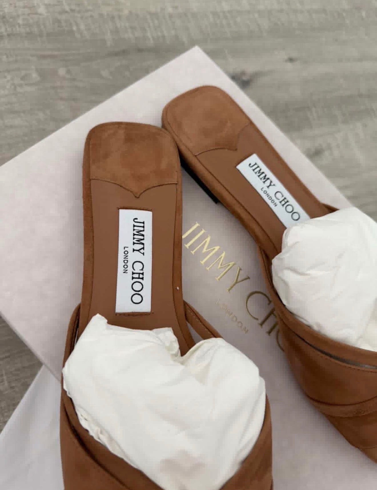 Jimmy Choo Riva Flat Suede Mules – Brand New, Full Set (Toffee)