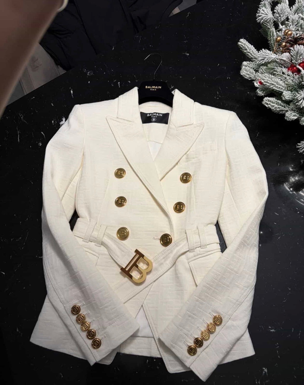 Balmain Double-Breasted Belted Blazer - White Monogram Jacquard (Size 34)/ Luxury Brands Malta/ Pre Owned