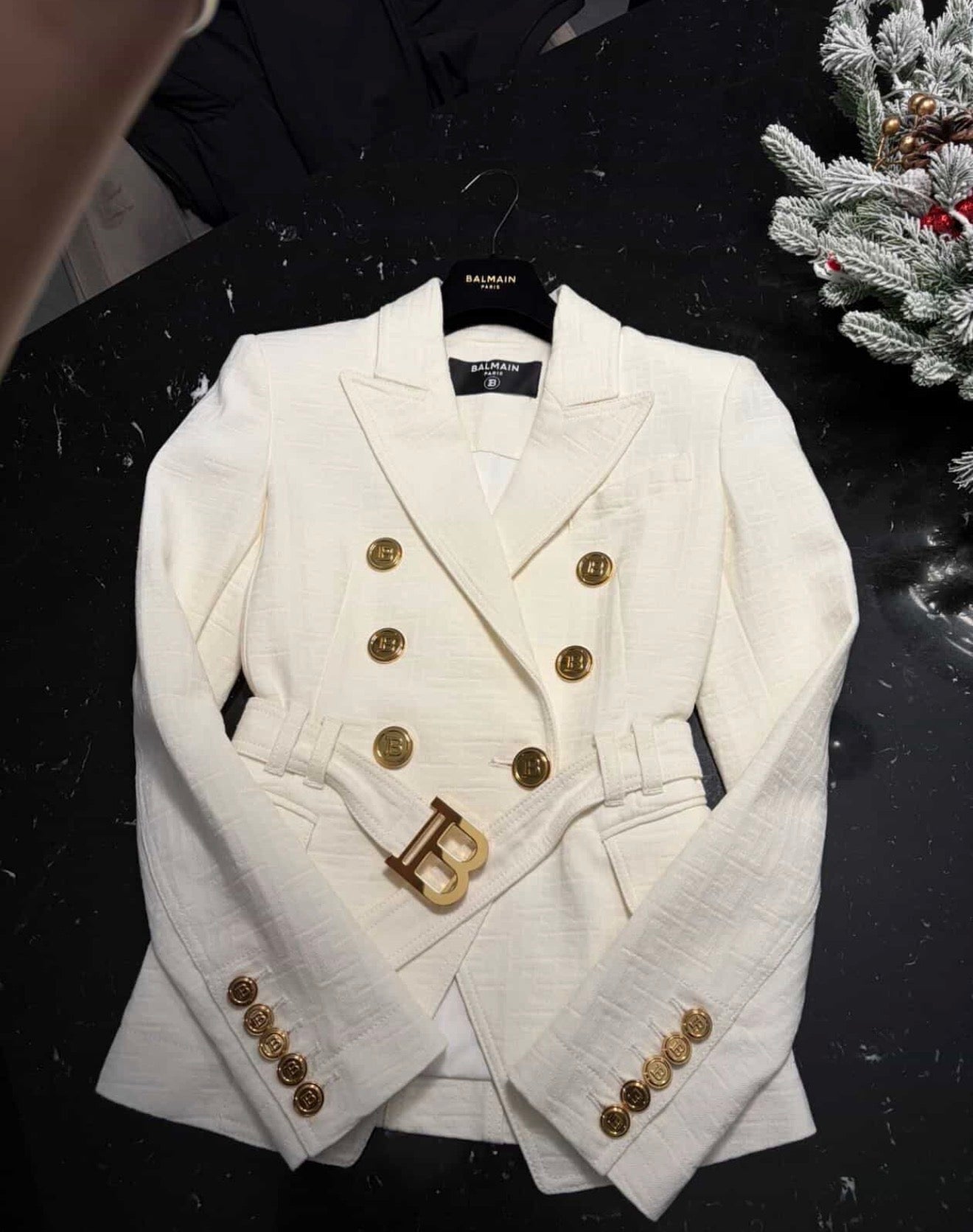Balmain Double-Breasted Belted Blazer - White Monogram Jacquard (Size 34)/ Luxury Brands Malta/ Pre Owned