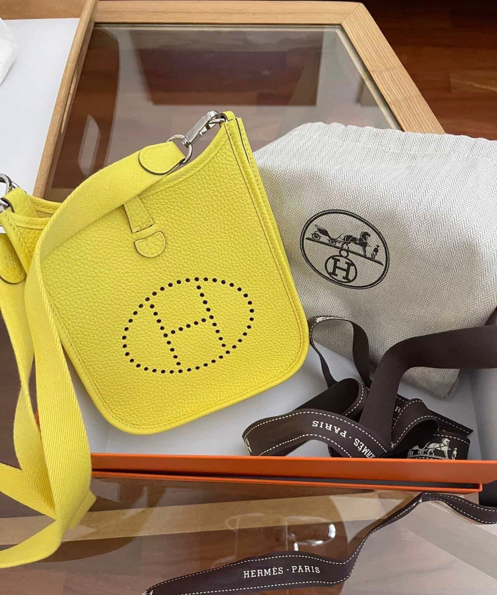 Authentic Hermès Evelyne 16 TPM Mini Crossbody Bag – Lime Yellow Clemence (Full Set)