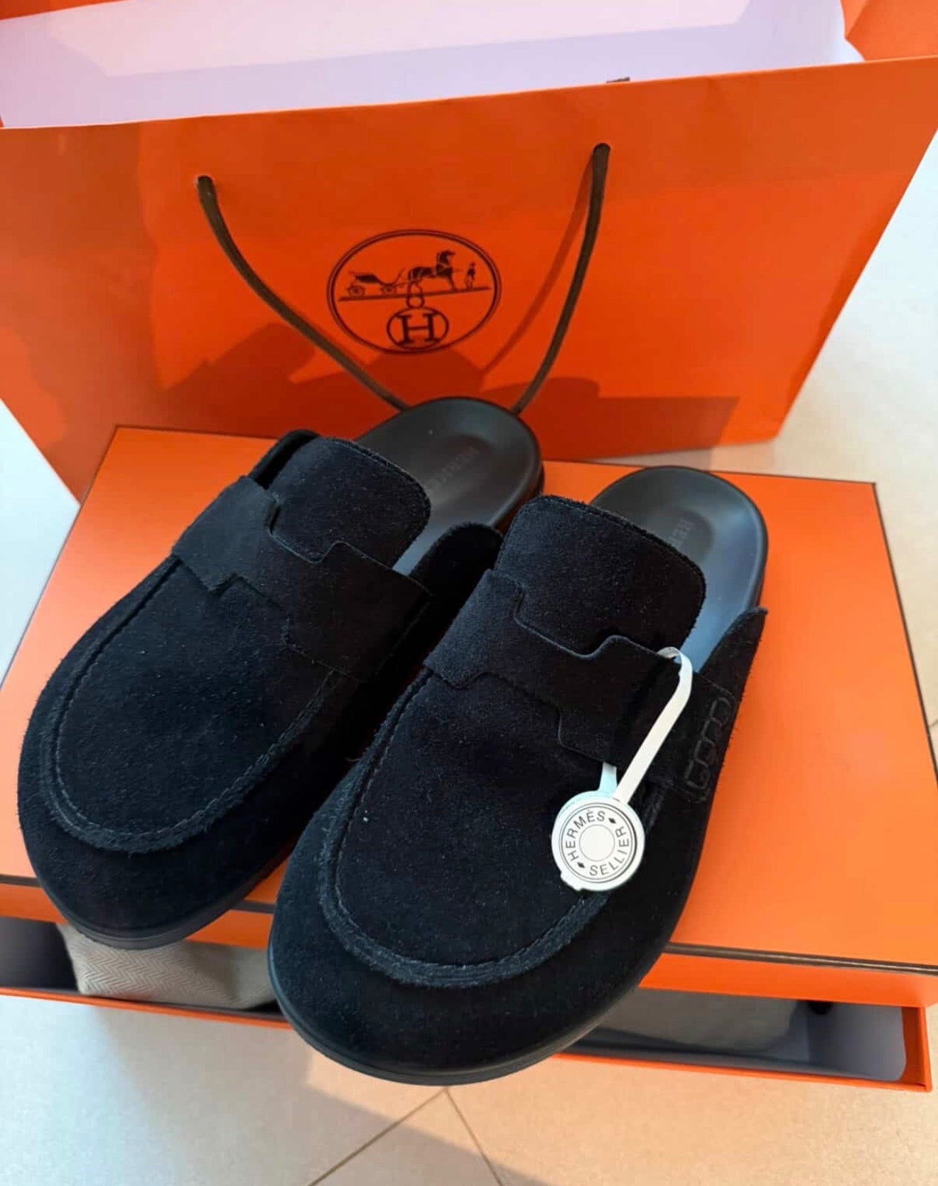 Hermès Ancora Mules in Black Suede – Size 37.5 (Full Set)