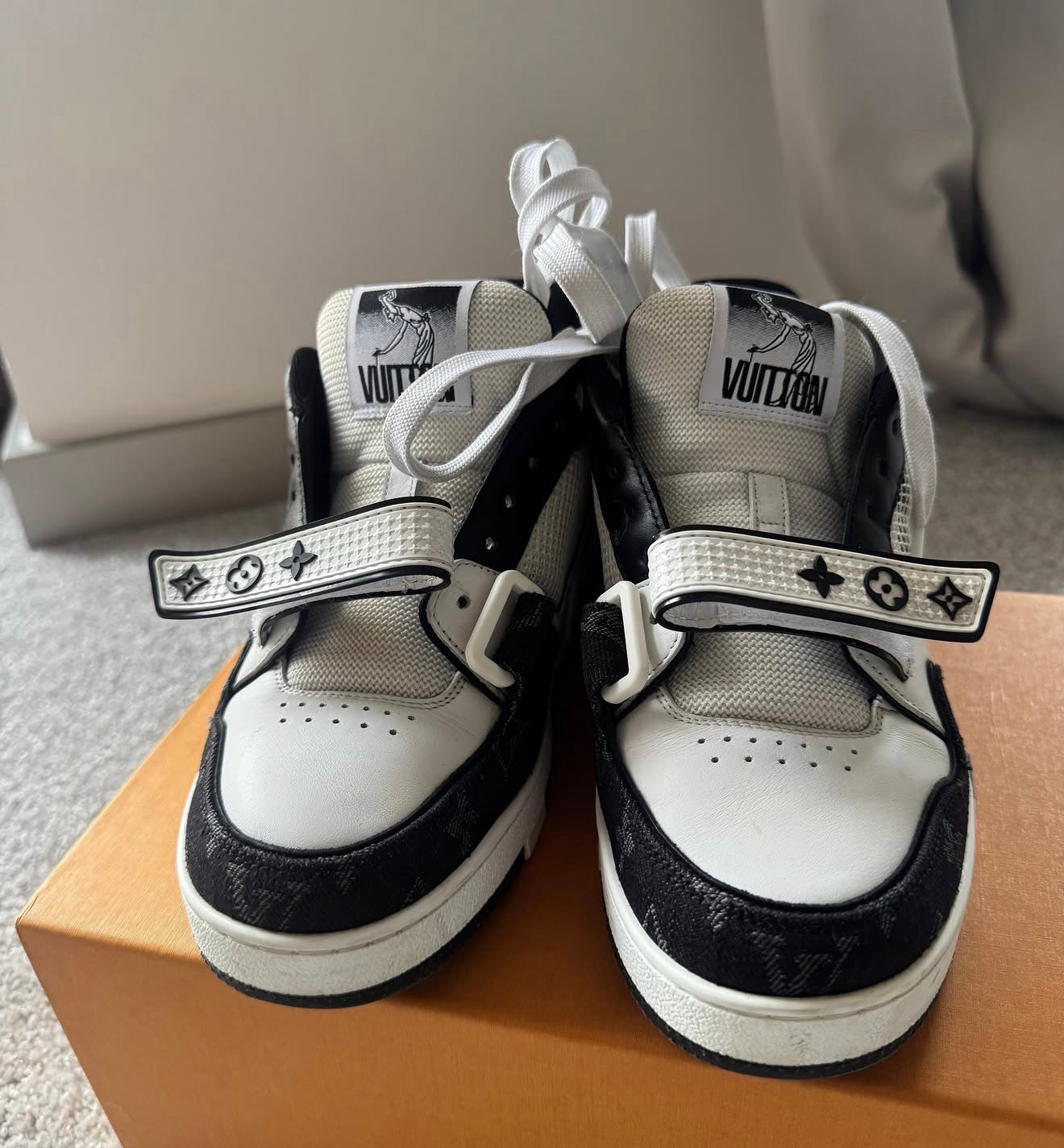 Louis Vuitton Trainer Sneakers – Black/White Monogram Denim (Size 37.5)