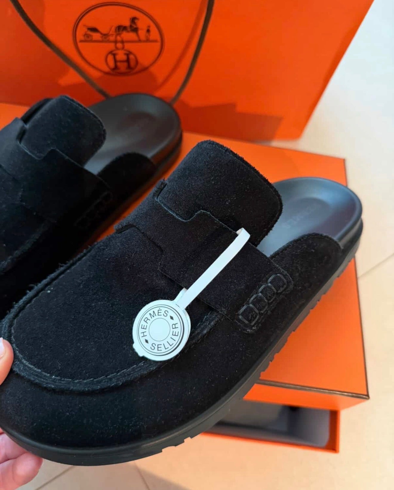 Hermès Ancora Mules in Black Suede – Size 37.5 (Full Set)