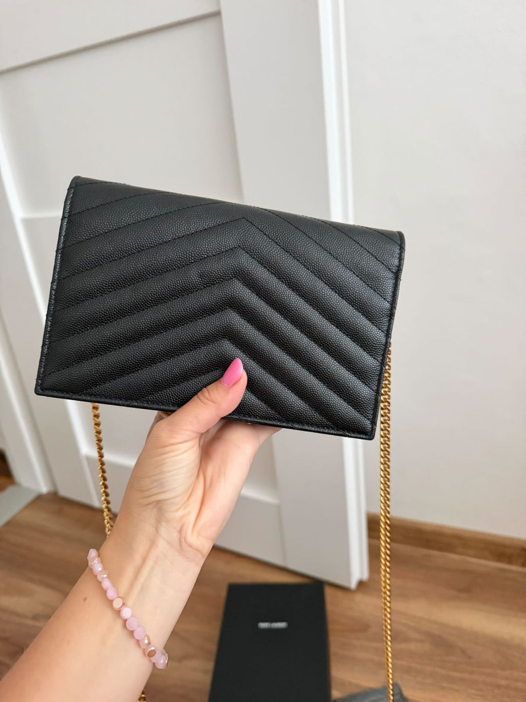 Saint Laurent YSL Monogram Envelope Chain Wallet in Black Grain de Poudre Leather – Gold Hardware