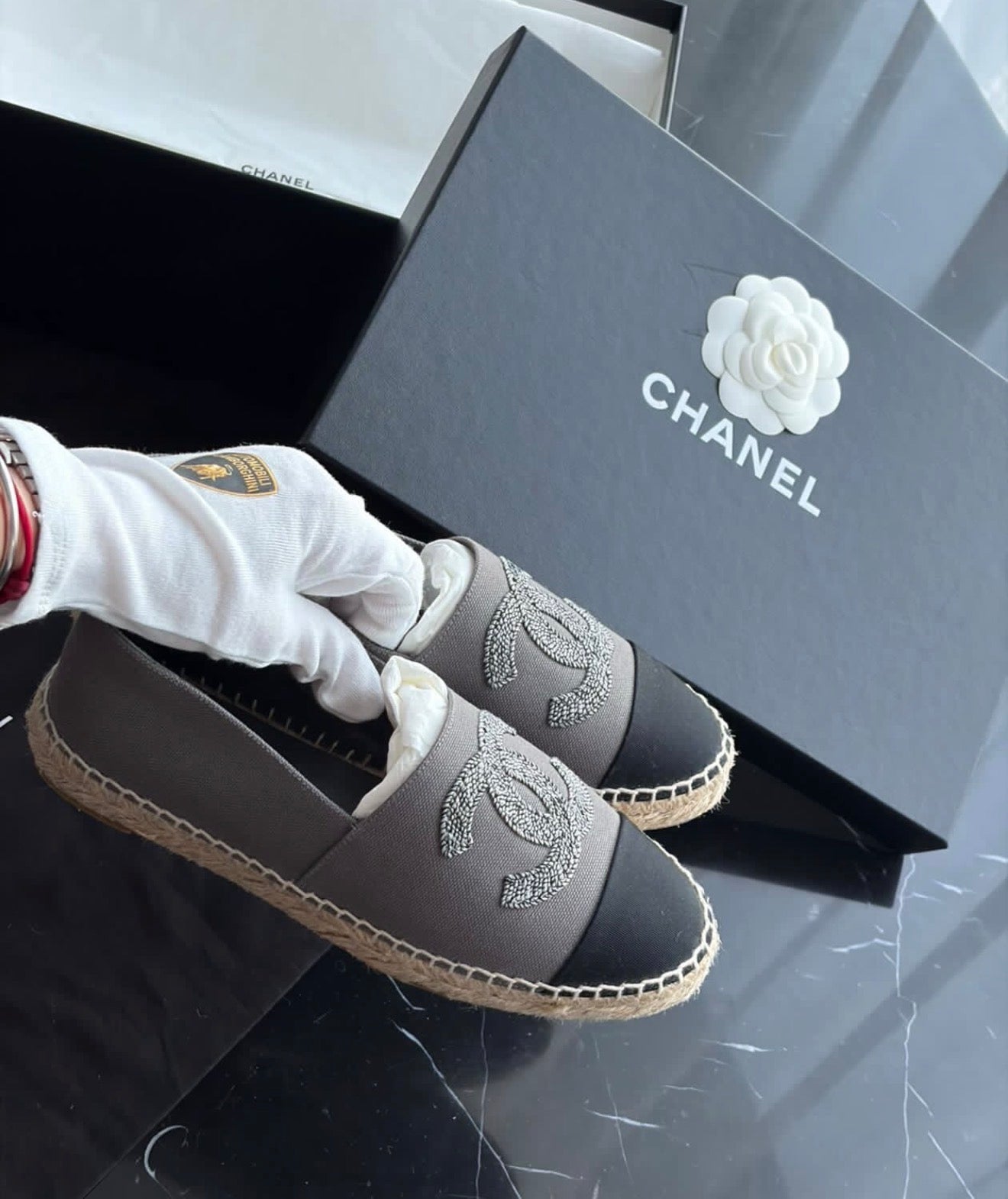 Authentic CHANEL Grey Black CC Espadrilles Size 37 Full Set Rare Model