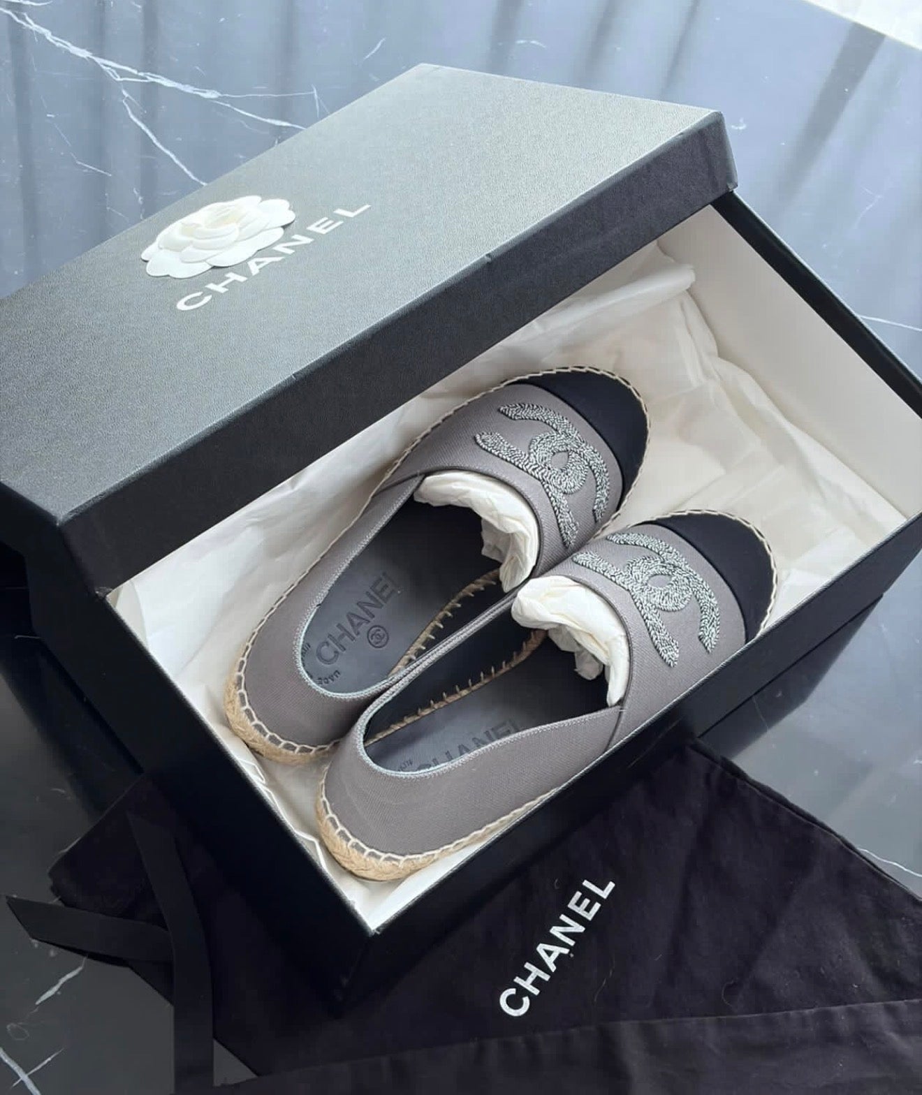 Authentic CHANEL Grey Black CC Espadrilles Size 37 Full Set Rare Model