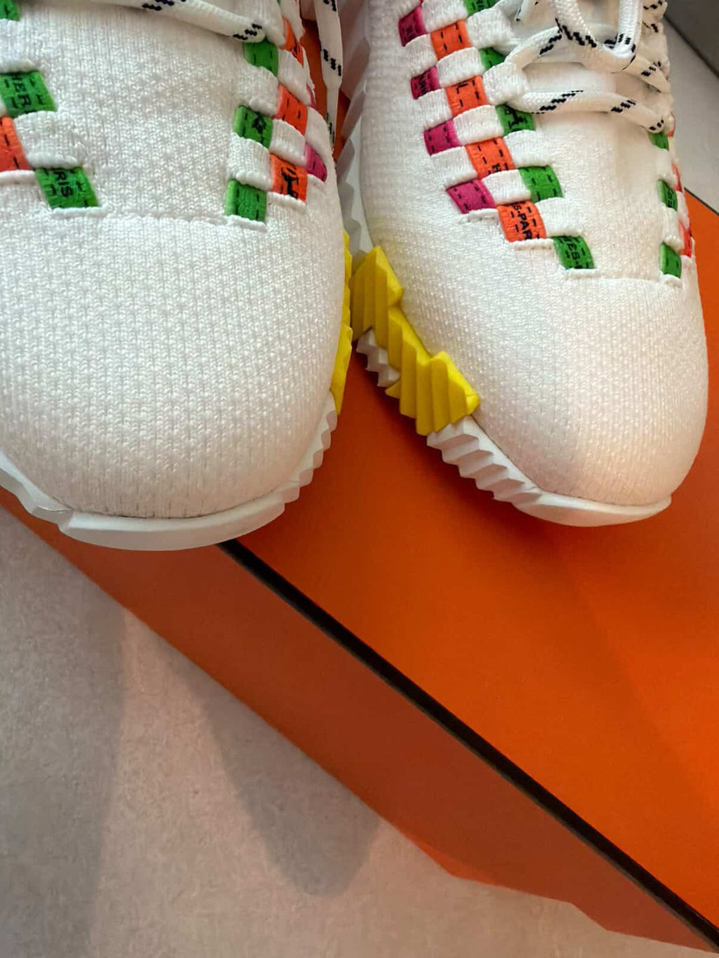 Hermès Bouncing Sneakers – White Mesh & Multicolor Ribbon (Size 37.5)