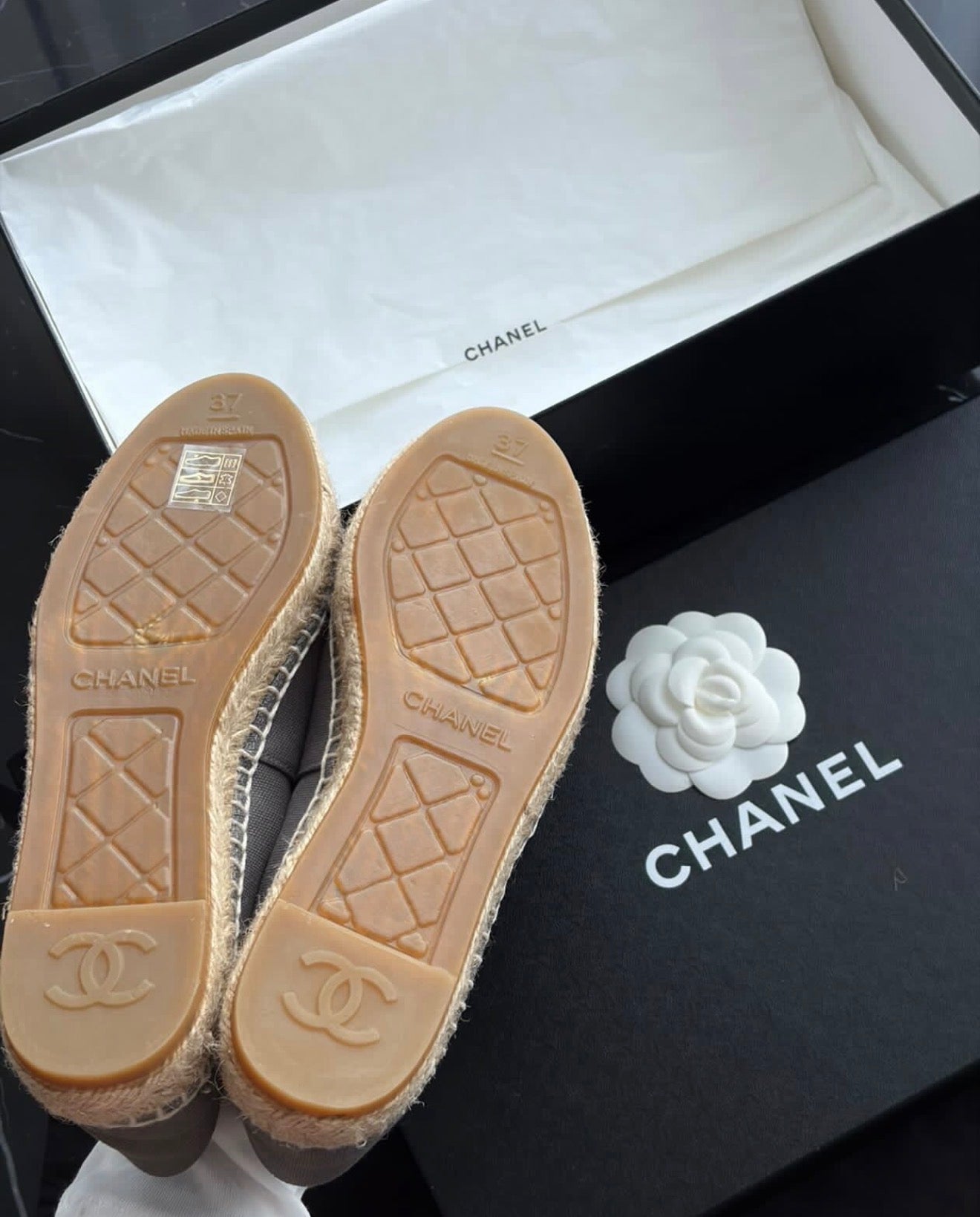 Authentic CHANEL Grey Black CC Espadrilles Size 37 Full Set Rare Model