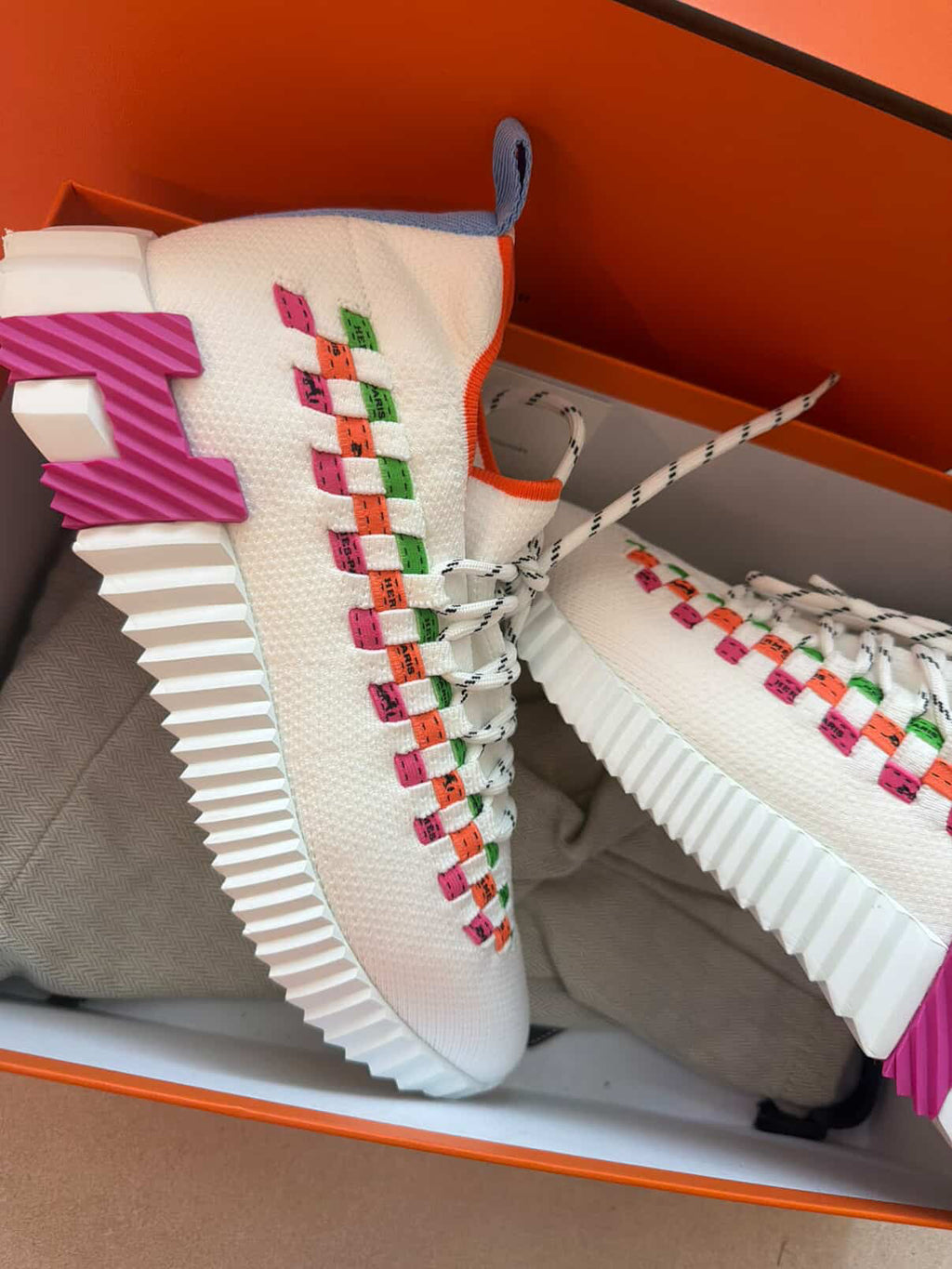 Hermès Bouncing Sneakers – White Mesh & Multicolor Ribbon (Size 37.5)