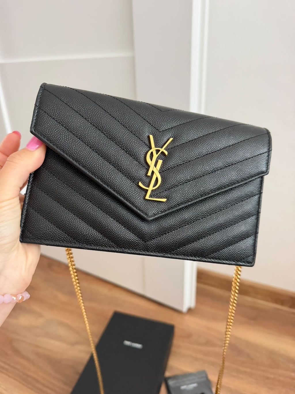 Saint Laurent YSL Monogram Envelope Chain Wallet in Black Grain de Poudre Leather – Gold Hardware