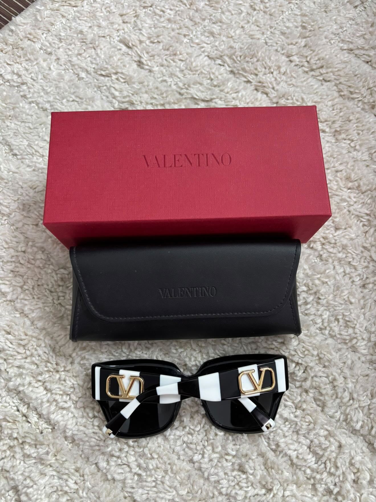 Valentino Oversized Square Sunglasses with Black and White Striped V-Logo Temples