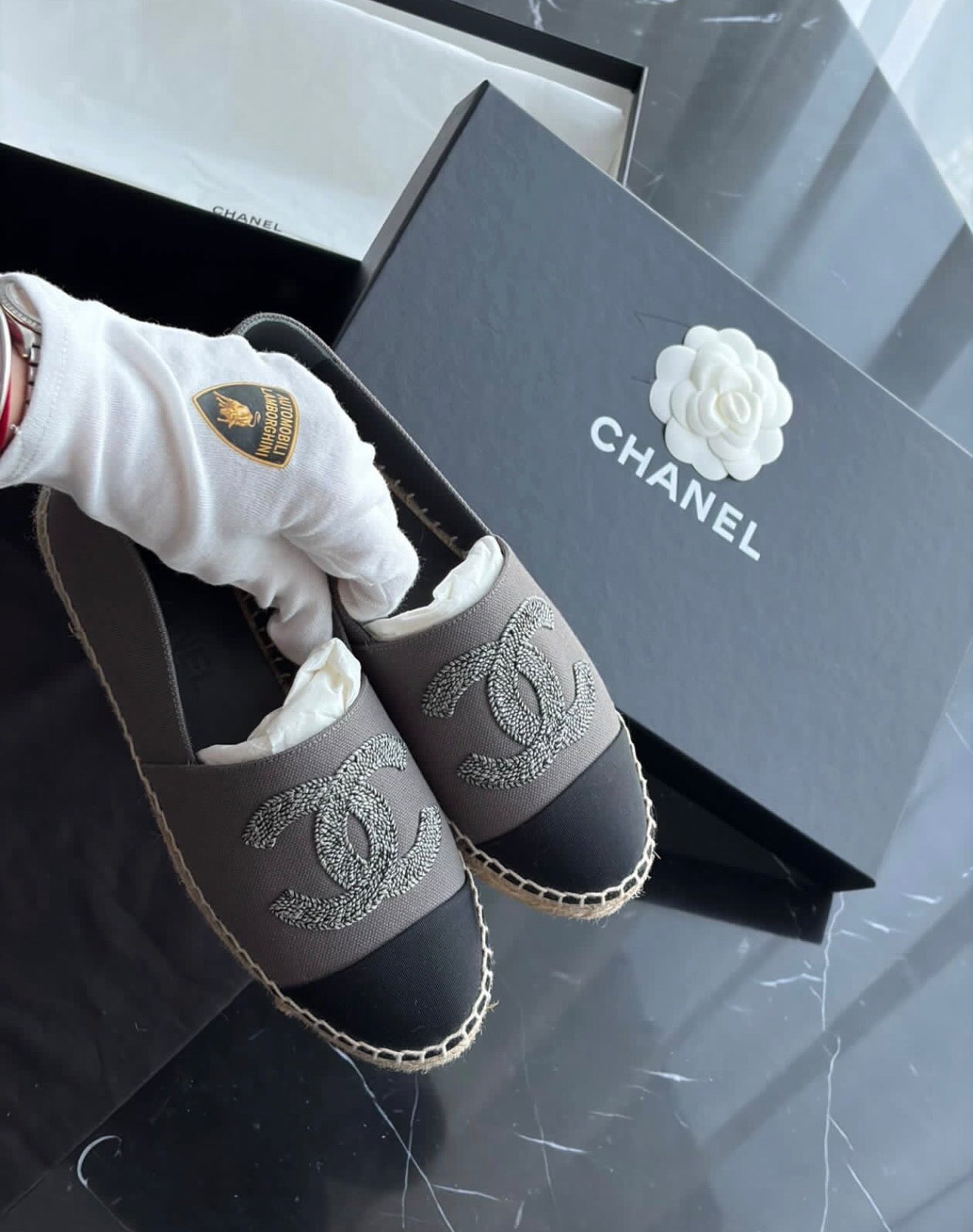 Authentic CHANEL Grey Black CC Espadrilles Size 37 Full Set Rare Model