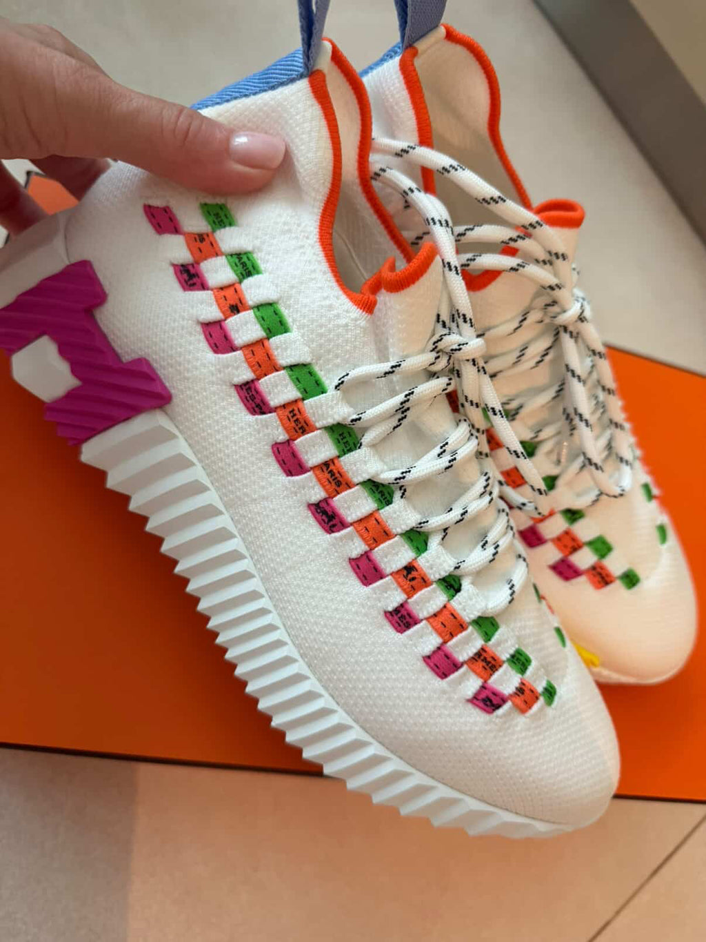 Hermès Bouncing Sneakers – White Mesh & Multicolor Ribbon (Size 37.5)