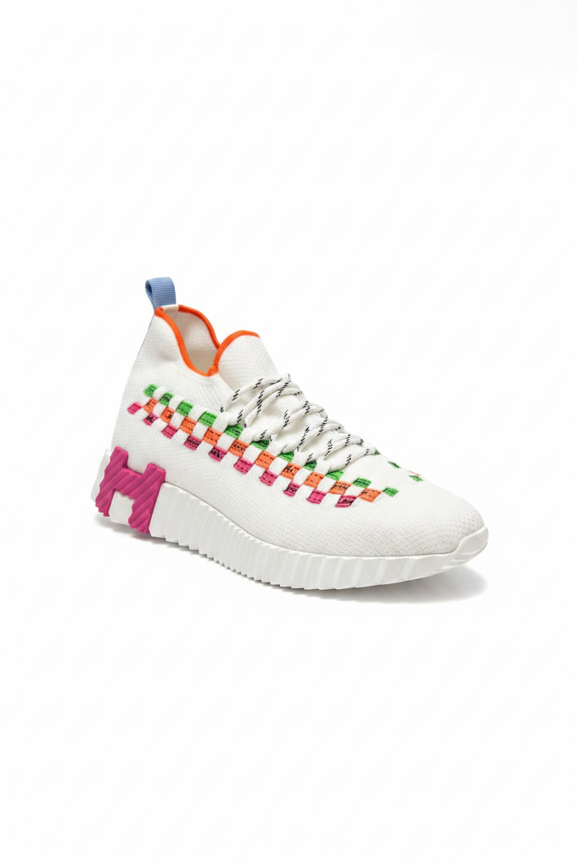 Hermès Bouncing Sneakers – White Mesh & Multicolor Ribbon (Size 37.5)