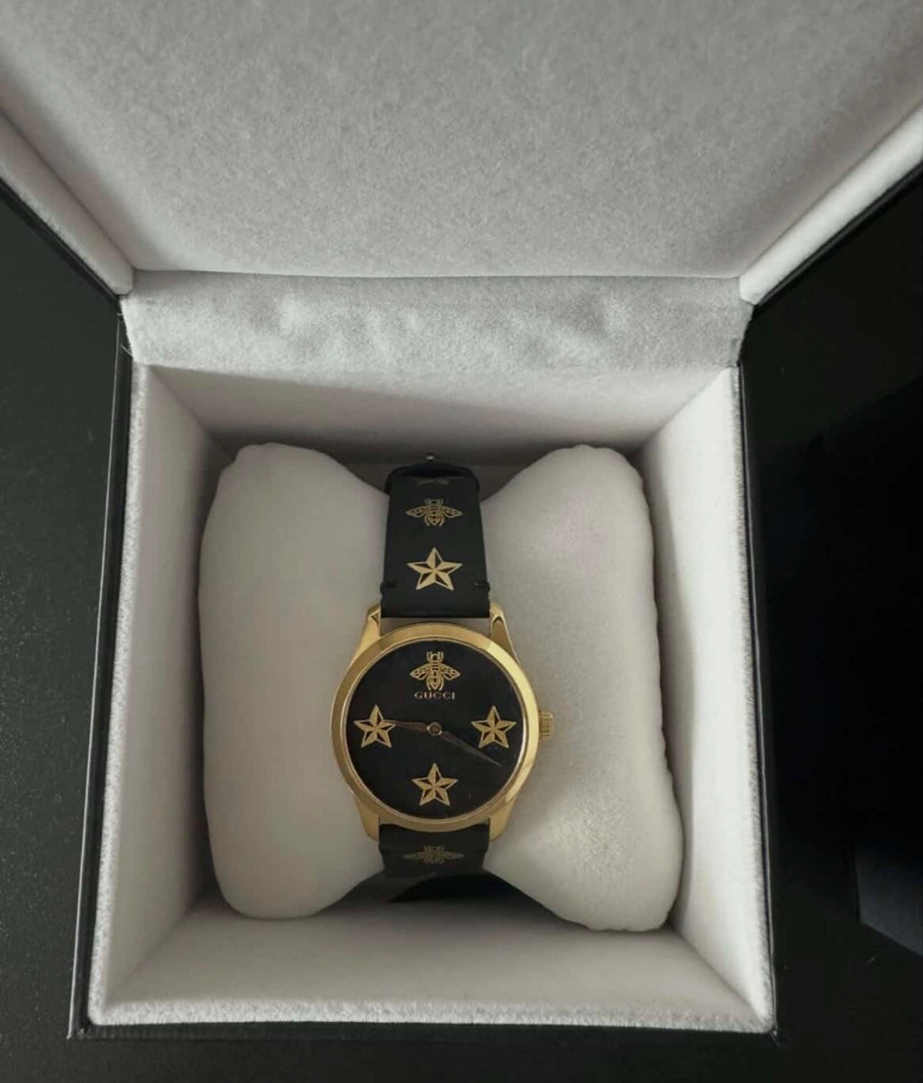 Gucci G-Timeless Bee & Star Motif Women’s Watch – Gold Tone & Black Leather