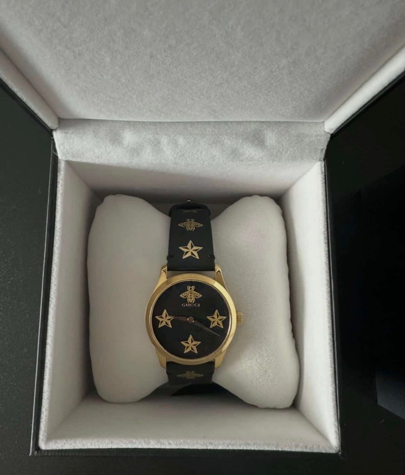 Gucci G-Timeless Bee & Star Motif Women’s Watch – Gold Tone & Black Leather