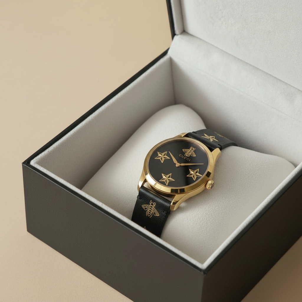 Gucci G-Timeless Bee & Star Motif Women’s Watch – Gold Tone & Black Leather