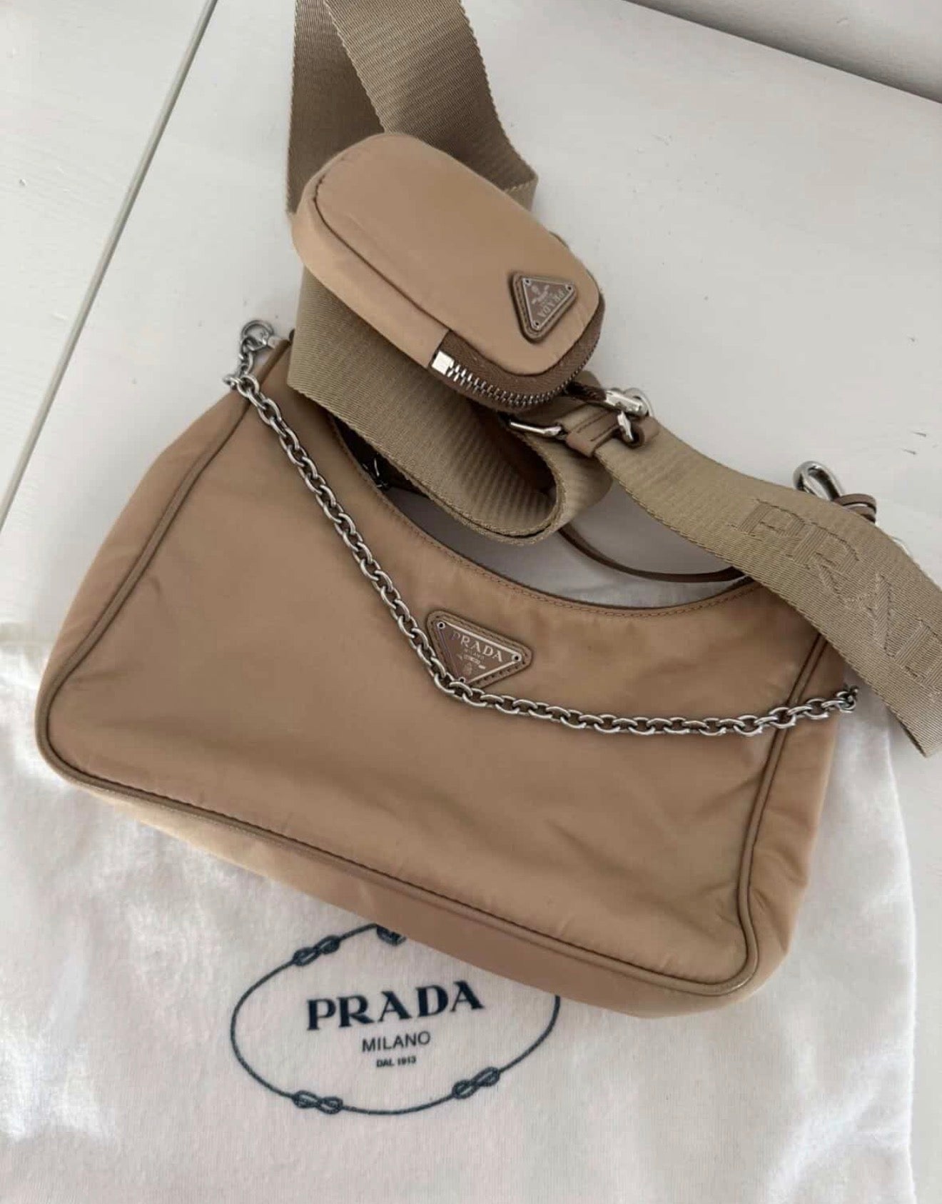 Prada Re-Edition 2005 Nylon Bag – Cammeo Beige (Full Set + Receipt)