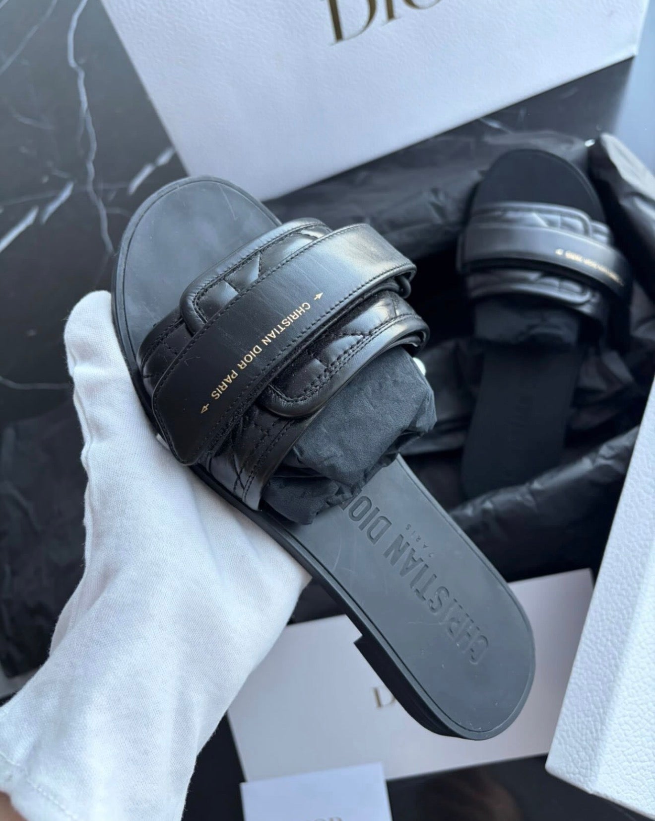 Authentic Christian Dior Diorvolution Slides Black Leather Size 37 Full Set