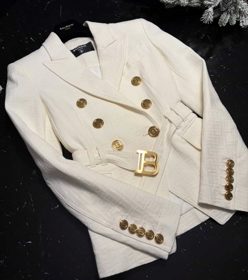 Balmain Double-Breasted Belted Blazer - White Monogram Jacquard (Size 34)/ Luxury Brands Malta/ Pre Owned