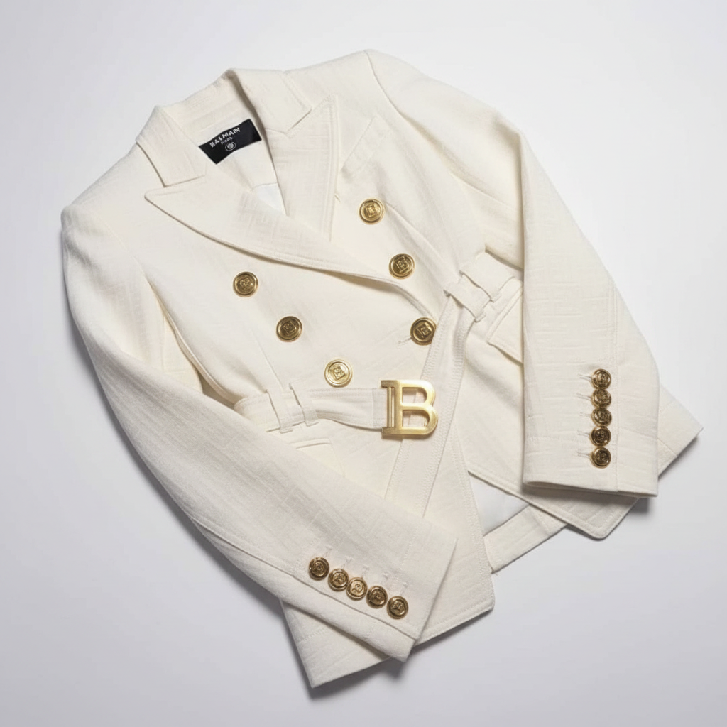 Balmain Double-Breasted Belted Blazer - White Monogram Jacquard (Size 34)/ Luxury Brands Malta/ Pre Owned