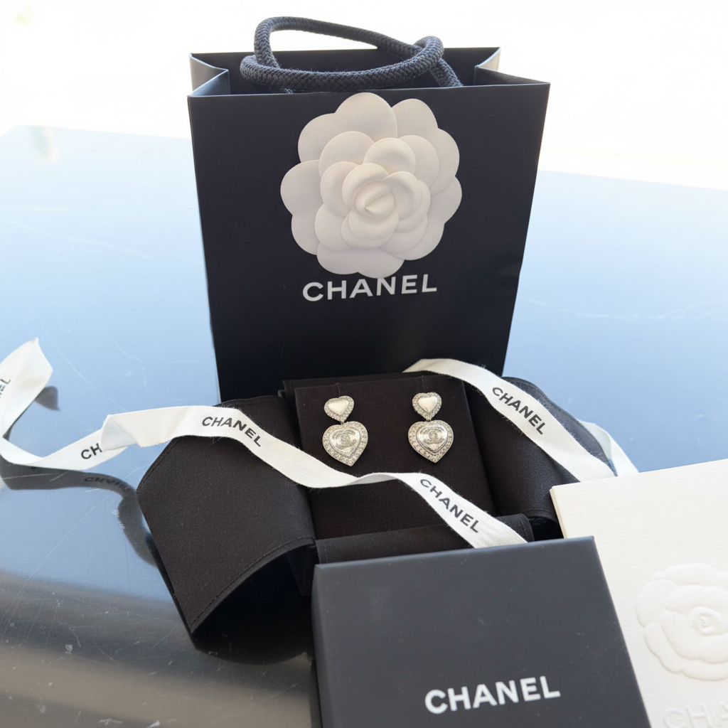 Chanel Heart Pearl Crystal CC Logo dangle Earrings / Pre Owned /Luxury Brands Malta